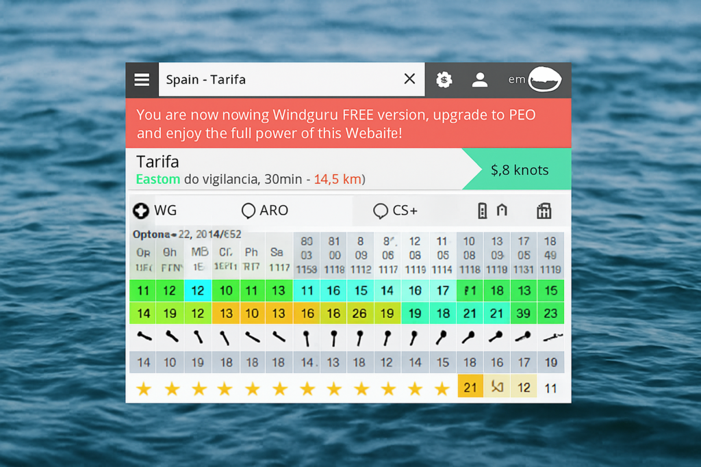 Windguru forecast interface showing wind speed, direction, and weather data